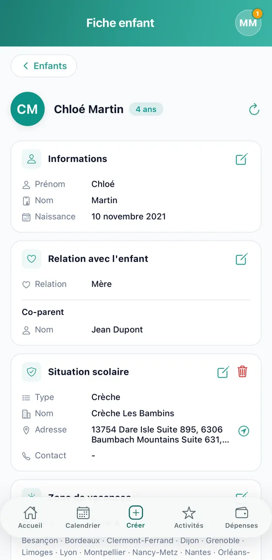 Fiche enfant détaillant les informations, la relation, la situation scolaire et la zone de vacances.