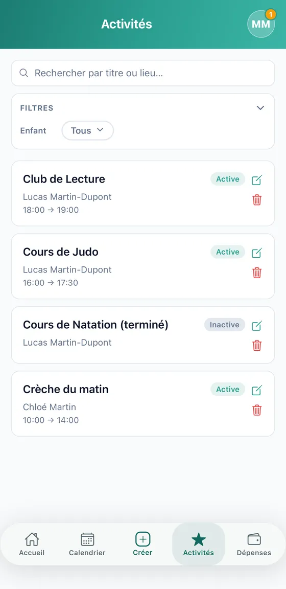 Liste des activités avec une activité hebdomadaire, son créneau et le badge parent référent.