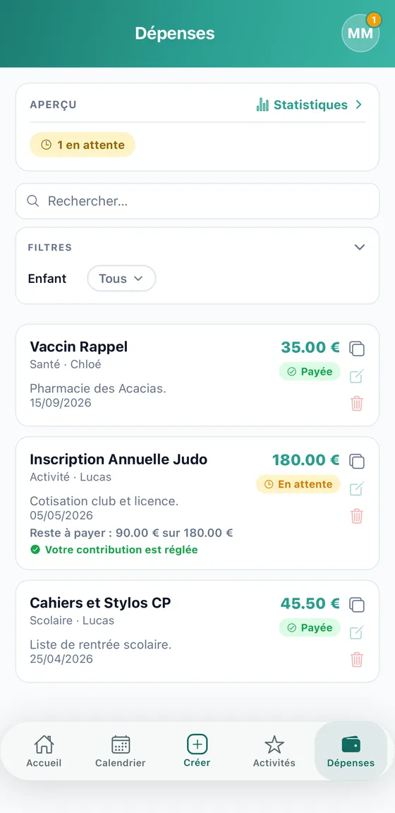 Liste des dépenses avec leur montant, leur statut et le bouton pour marquer sa part comme payée.